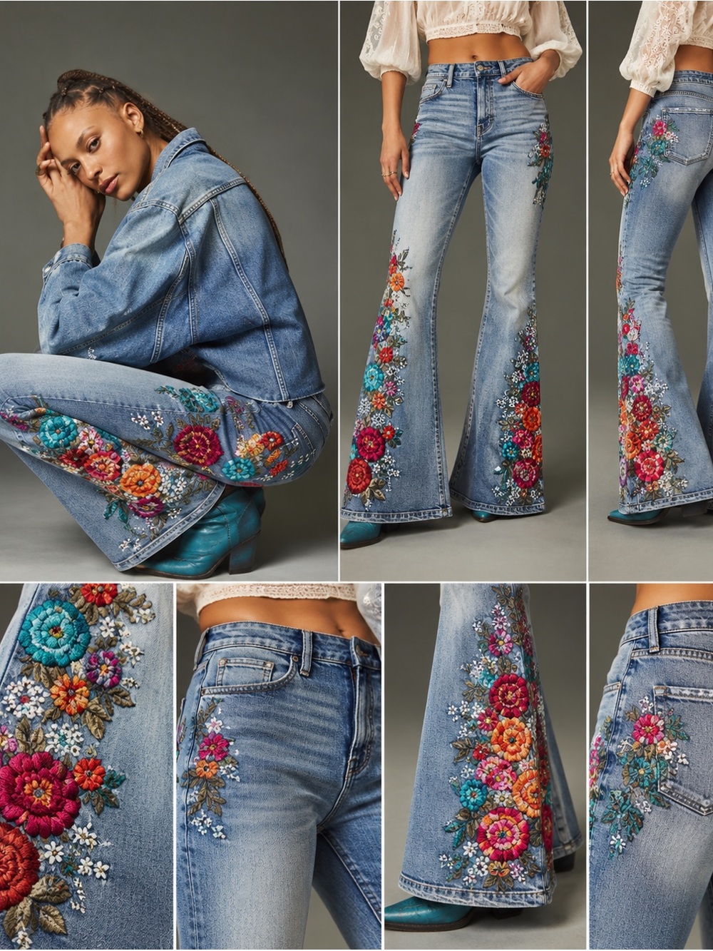 Driftwood x Free People Farrah Fall Flowers Embroidered Flare Jeans 29
